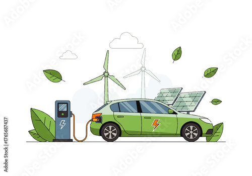 Green Energy Electric Car Charging at Station with Wind Turbines and Solar Panels