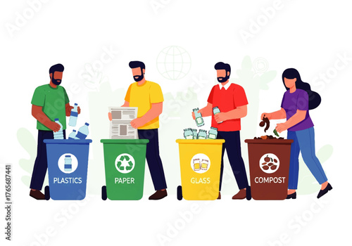 People Recycling Waste Materials Into Different Bins, Environmental Conservation Concept