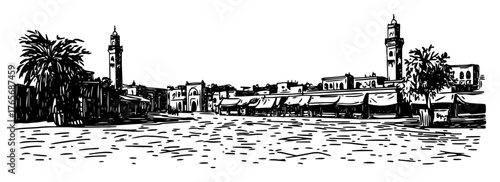 old mediterranean port town cityscape sketch