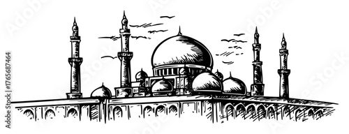 grand mosque with domes and minarets hand drawn sketch