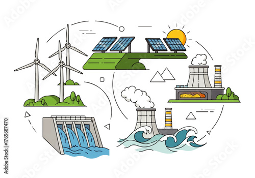 Conceptual illustration comparing clean renewable energy like solar, wind, and hydro with traditional nuclear and thermal power plants