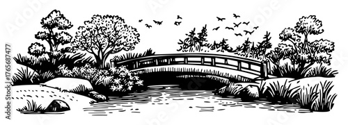 japanese garden with arched bridge over river sketch