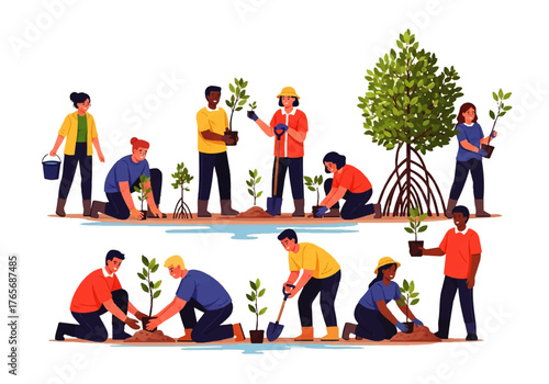 Diverse community volunteers actively engage in tree planting and mangrove reforestation efforts, promoting vital environmental conservation, ecological restoration, and sustainable ecosystem health