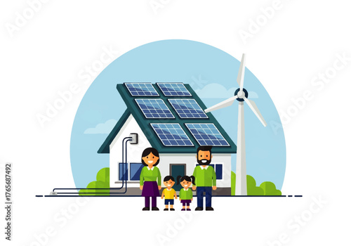 Illustration of a happy family in front of their modern eco-friendly house powered by solar panels and a wind turbine, representing a sustainable lifestyle