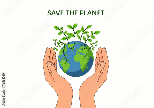 Human hands carefully holding the planet Earth with green plants sprouting, representing the concept of environmental protection and sustainability