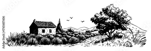 old stone house on a hill rural landscape sketch