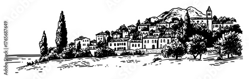 italian coastal town on a hill landscape sketch