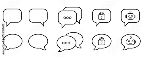 Chat bubble line icons. speech bubble icon set in outline style. Communication vector icons having chat with human assistant, chatbot, typing indicator, secure messaging and comment symbols.(Isolated)