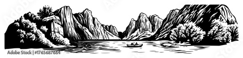 boat in a rocky canyon or norwegian fjord sketch