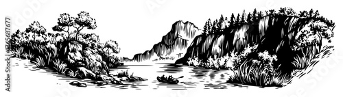 scenic lake or fjord landscape with cliffs and boat sketch