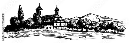 countryside church monastery by lake and mountains illustration