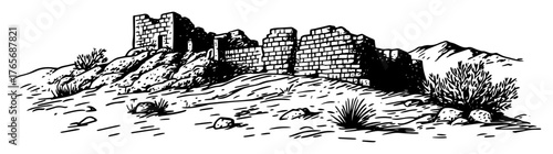 desert stone fortress ruins in arid landscape illustration