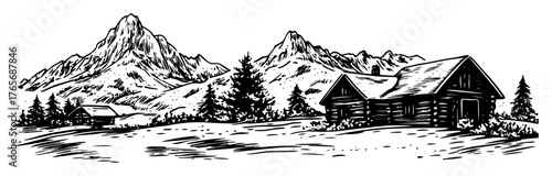 alpine log cabin valley with pine forest and mountains illustration