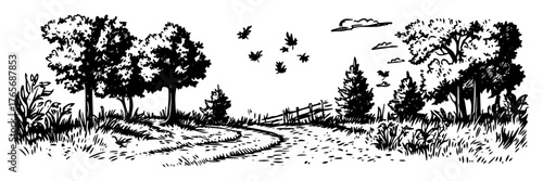 winding countryside path through meadow with trees illustration
