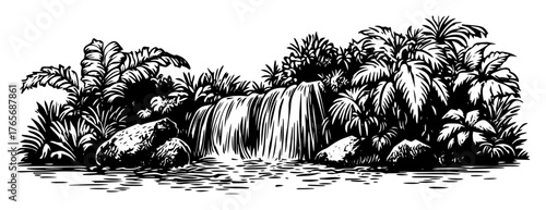 lush tropical waterfall with jungle vegetation illustration