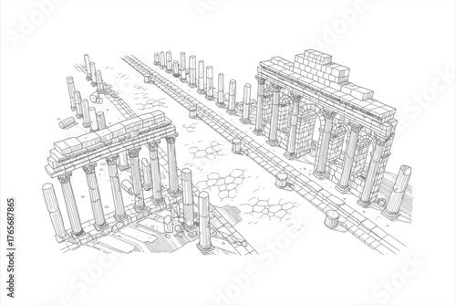 Ancient Roman City Ruins Line Art Illustration