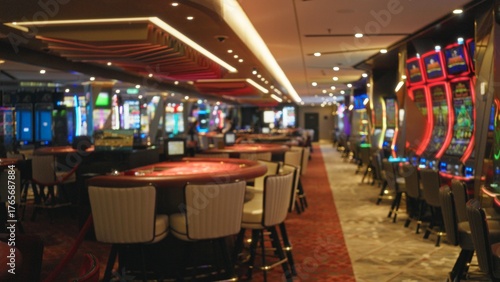 Casino gaming floor with tables, slots and chairs seen in soft blurred bokeh interior; background copyspace overlay.