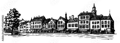 old european town square with historic houses sketch