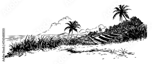 stone steps path on a tropical island hill sketch