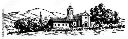 rural mediterranean landscape with church and hills sketch