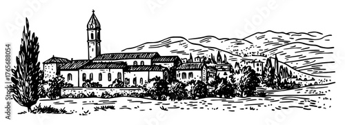 old italian monastery in tuscany landscape sketch