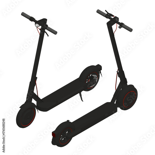 Two black Electric Scooters with polygonal styling stand on a white background. These animated scooters feature two wheels and a handlebar for urban mobility. Isometric view