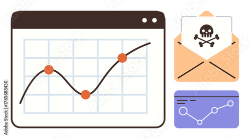 Graph with trendline, email envelope with crossbones icon, and a data chart. Ideal for cybersecurity, online safety, phishing awareness, data security, threat analysis, IT risks simple flat metaphor
