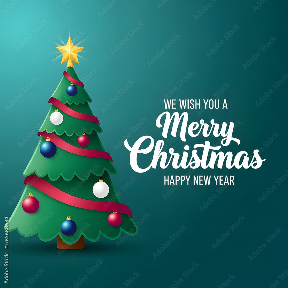 Naklejka premium Modern Festive Christmas Illustration with Gold Star, Red Ribbon, and Teal Background