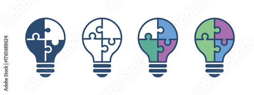 Four lightbulb icons composed of puzzle pieces symbolizing teamwork innovation and collaboration