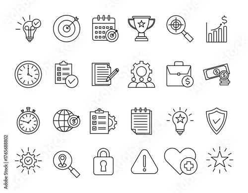 goals  icon set collection style outline. Contain new idea, Main target, Goal calendar, Champion trophy, Target focus, 