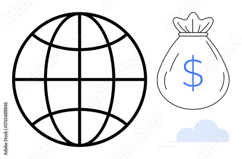 Globe with grid lines beside a dollar-marked money bag and a cloud. Ideal for finance, globalization, trade, wealth, markets, savings, and economic growth. Simple flat metaphor