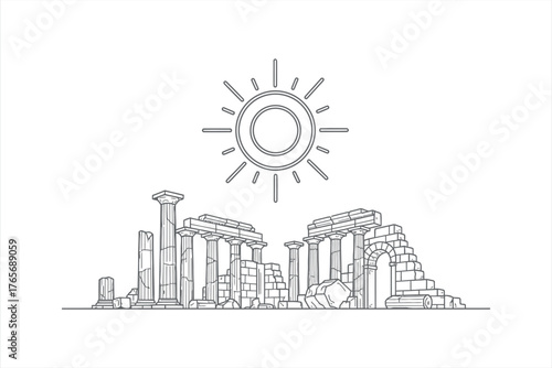 Ancient Civilization Ruins and Sun Line Art