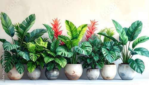 Diverse potted plants line a surface against a textured, light-colored wall, vibrant green foliage dominating the arrangement