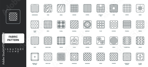 Fabric patterns in line icon set of square shape. Stripes and polka dots, zigzag and diamond mesh, wave and herringbone, mosaic tiles and Scottish plaid thin black outline symbols vector illustration