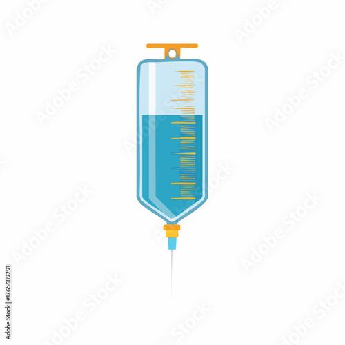 Stylized medical IV drip infusion bag with blue fluid and needle healthcare illustration