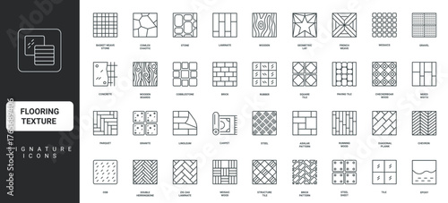 Flooring textures, cobblestone and gravel paving road, wooden floor line icon set. Pebble and rock, tile and carpet, granite and steel surface thin black and red outline symbols vector illustration