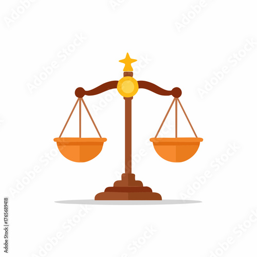 Golden balance scale symbol representing justice, law, equality, and fair judgment in flat design