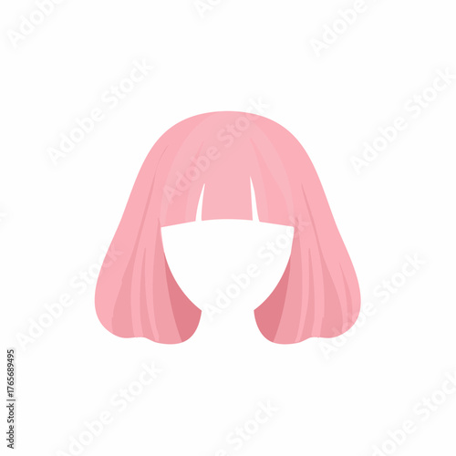 Cute pink bob wig with straight bangs, a flat vector hairstyle icon