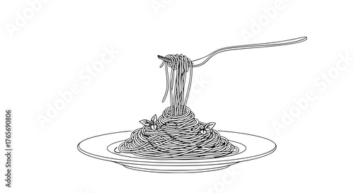 Vector illustration of Italian spaghetti dish with fork and noodles, elegant line art