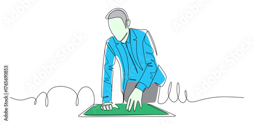 Continuous line art of a businessman checking a worksheet on a desk. Vector illustration with attractive colors.