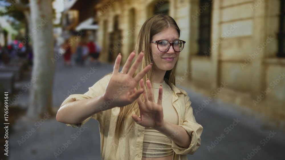 Fototapeta premium Blonde woman wearing glasses holds palm outward in stop gesture on urban street in front of building facade; discomfort.