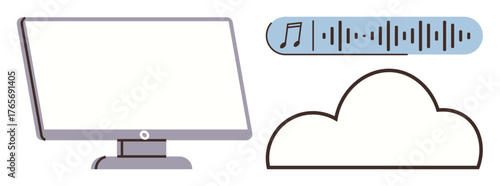 Computer monitor, cloud shape, and audio waveform with music note signify digital music streaming. Ideal for technology, cloud computing, media, entertainment, communication, music and innovation