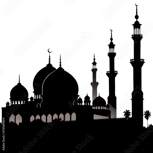 Silhouette of a mosque with domes and minarets white background