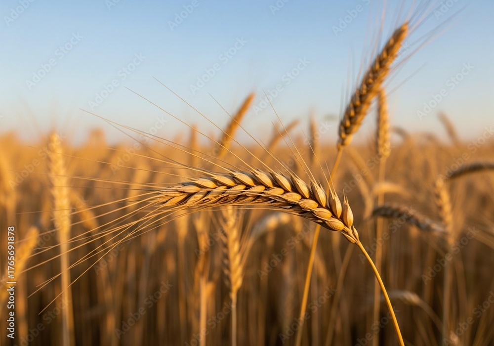 Fototapeta premium Golden wheat field at sunset with sun rays, closeup of a single ear of wheat
