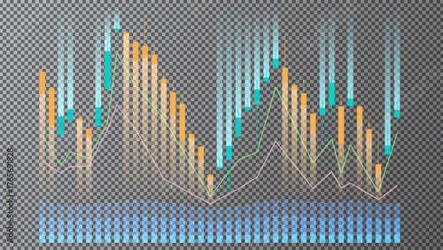 Financial data visualization showing market trends and fluctuations over time with colorful graphs and charts