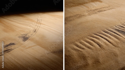 Sand surface with tire tracks and ripple patterns, diptych view, macro detail, desert-inspired texture, copy space.