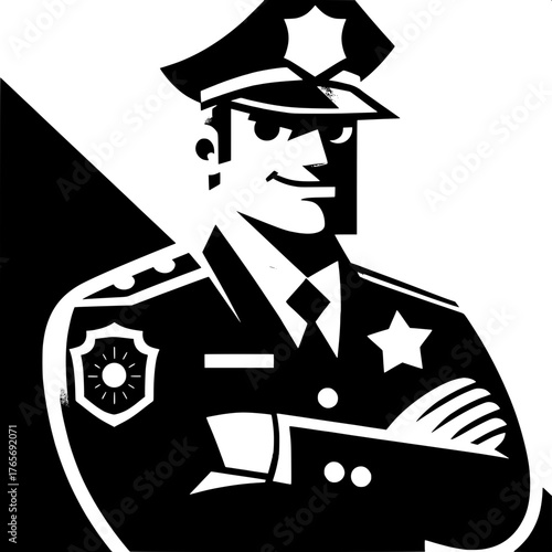 Black and White Vector Silhouette of Cartoon Police Character