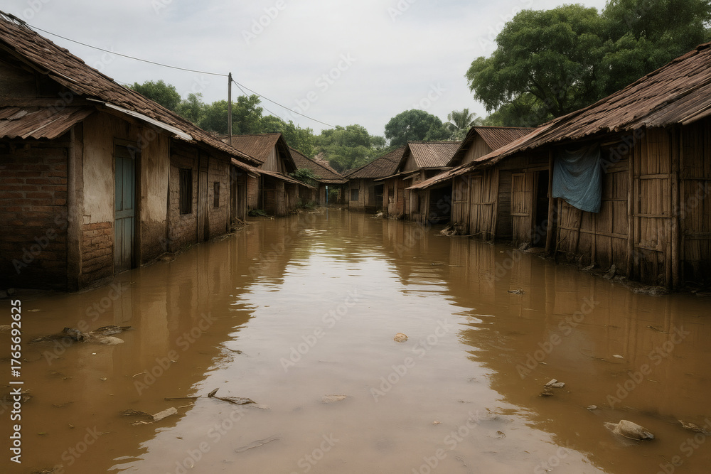 Fototapeta premium Flooded Village with Muddy Water – Symbol of Pollution and Natural Disaster