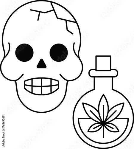 A skull is drawn with a bottle of marijuana next to it