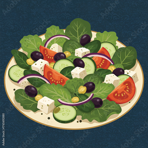 Illustration of a Greek salad on a plate with vegetables and cheese against a dark background.